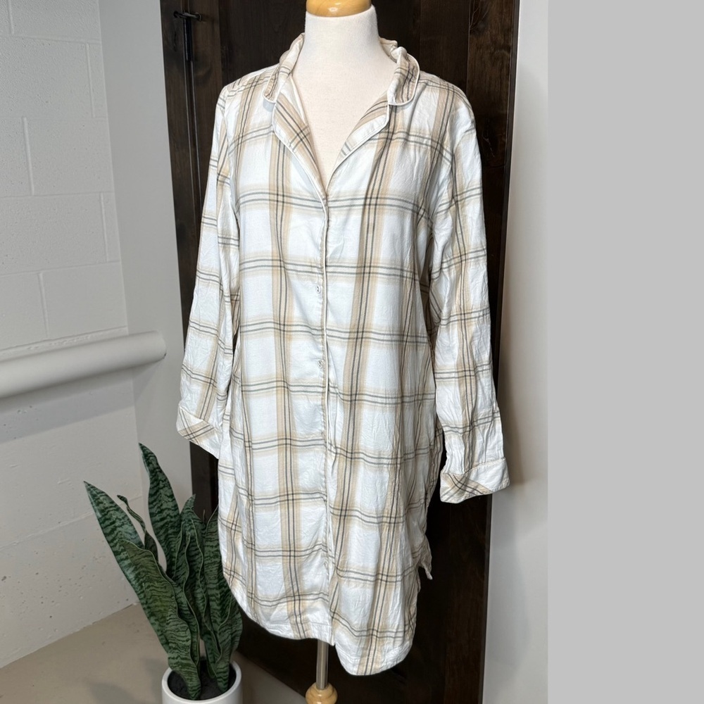 Cream and Tan button down Plaid nighty Shirt Dress  soft surroundings Women’s XL